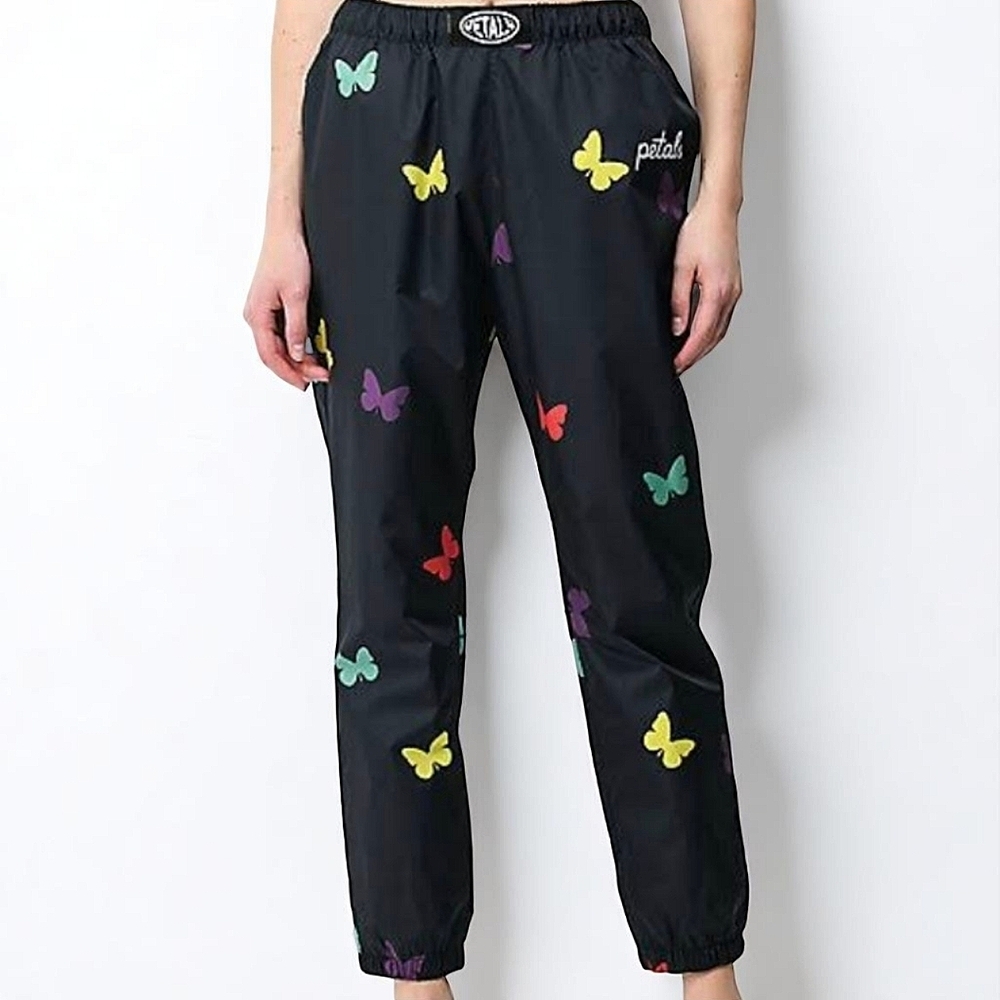 Petals & Peacocks Butterfly Novelty Print Elastic Waist Black Pants L
